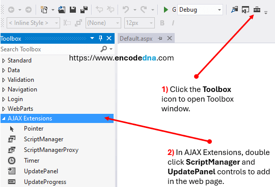 add scriptmanager and updatepanel controls in web page