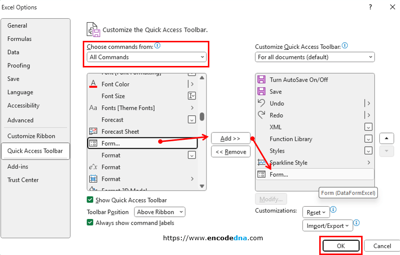 add form in quick access toolbar