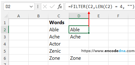 filter out four letter words in excel