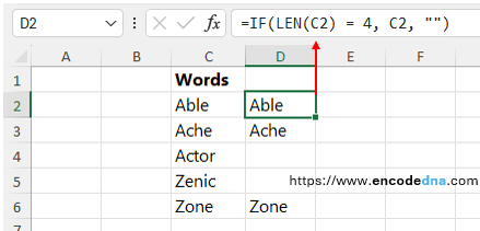 filter out four letter words in excel using IF and LEN