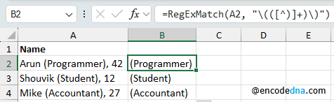 extract text within parentheses in excel using regex