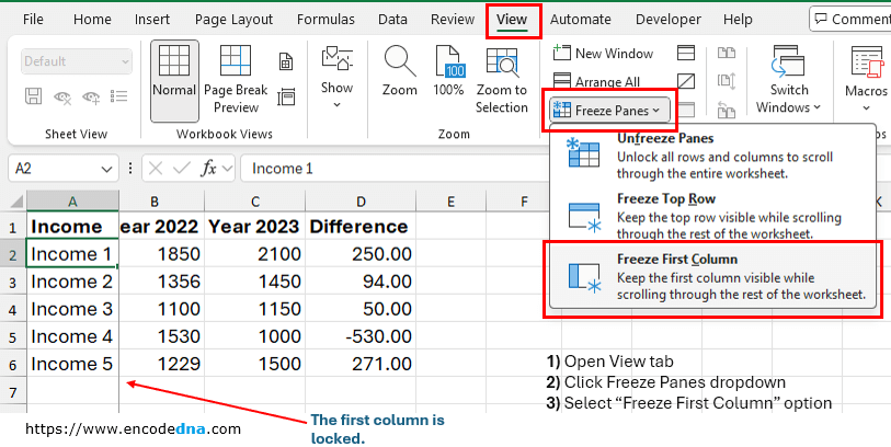 Freeze first column in Excel