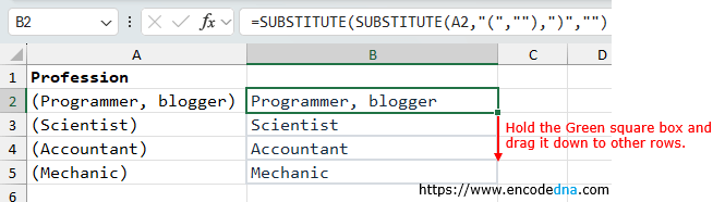 remove parentheses from text using substitute function