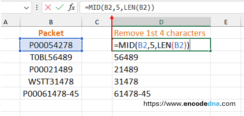 using excels mid() function to remove first four characters