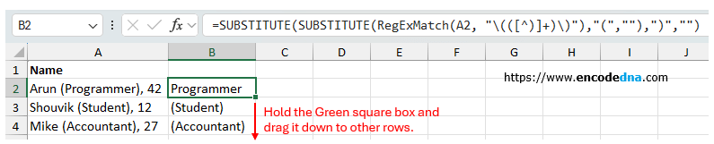 using regex in excel to extract texts within parentheses