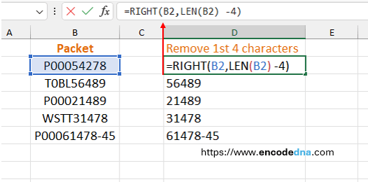 using excels right() function to remove first four characters