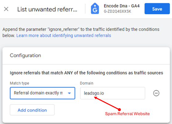 list unwanted referrals under Google tag in GA4