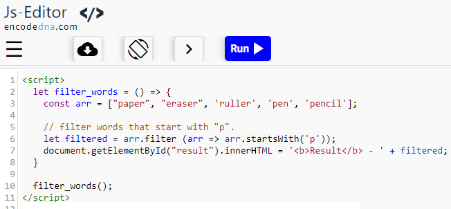 use filter() method with startsWith() method in JavaScript