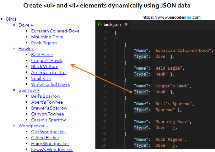 Create Ul And Li Tags Dynamically Using JSON Data And JQuery