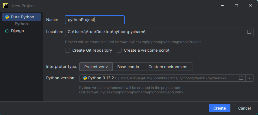 create a new project in pycharm