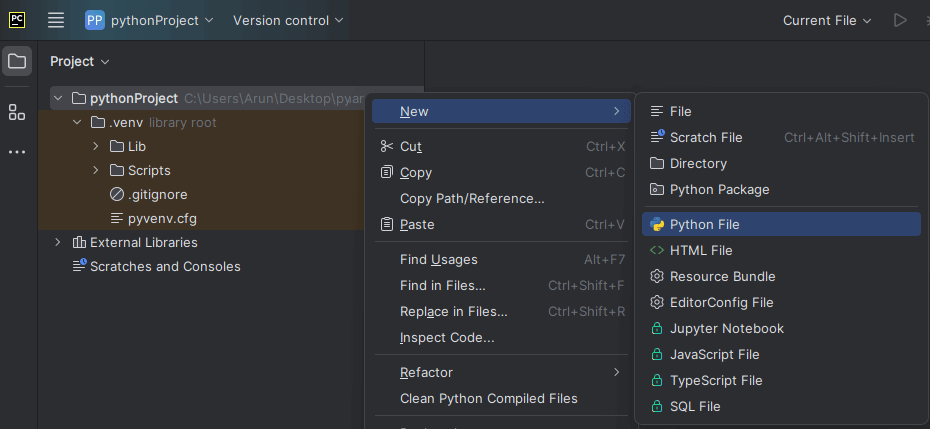 create new python file in pycharm