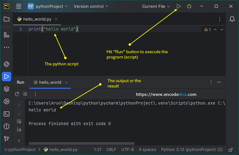 python hello world program in pycharm