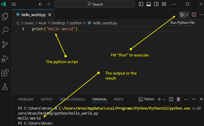 hello world program in python using vscode