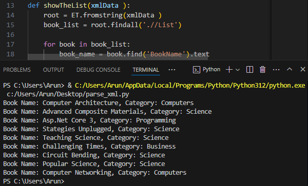 python xml parsing output in terminal